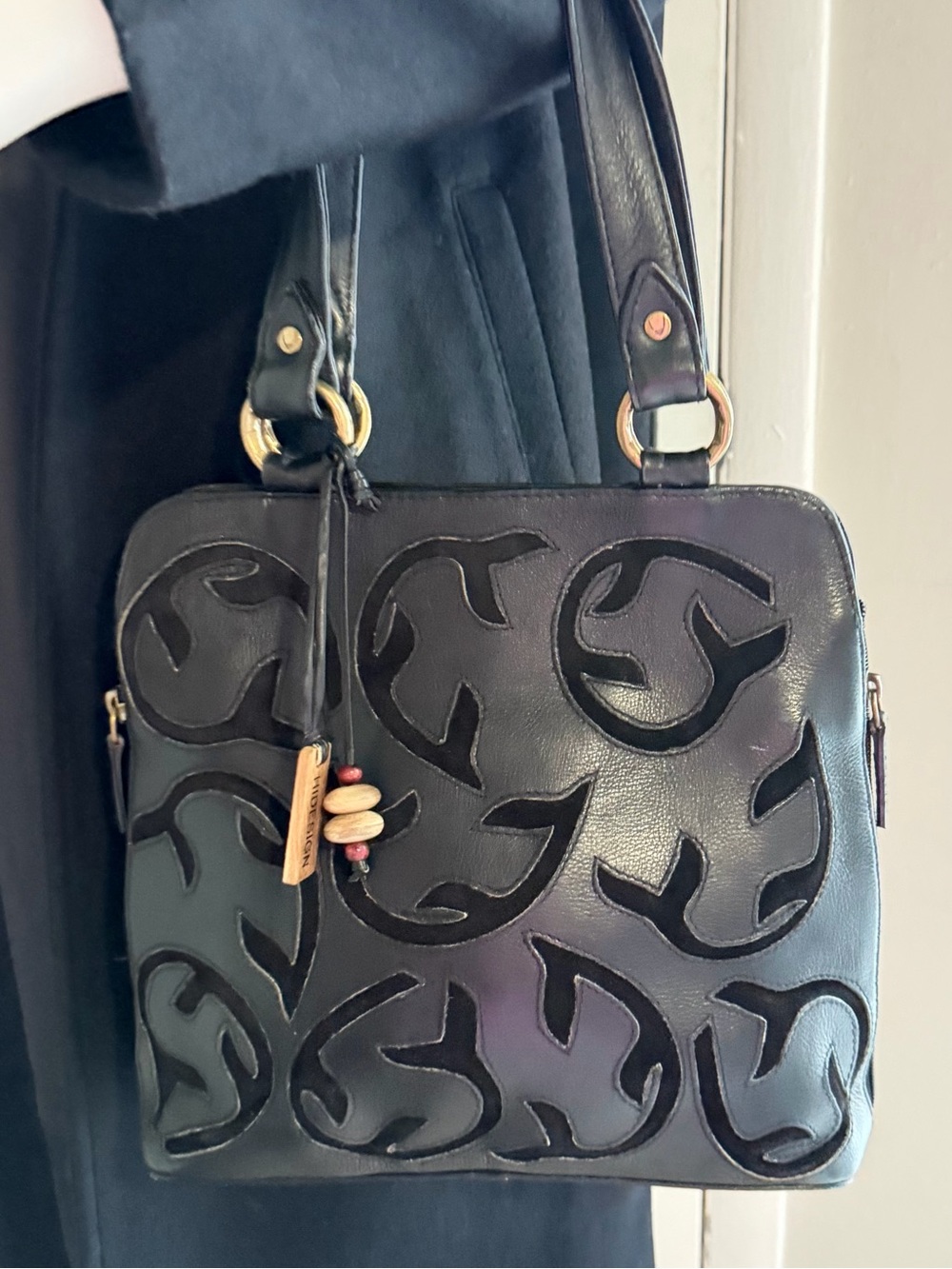 Vintage HiDesign Black Genuine Leather Purse Handbag Shoulder Bag Suede Cut Outs